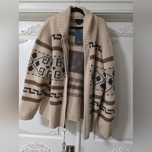 Pendleton Beige & Brown Geometric Zip-Up Shawl Cardigan